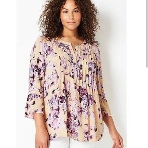 J.Jill Floral Top Pintucked Bell Sleeve Blouse Multicolor SZ M Floral